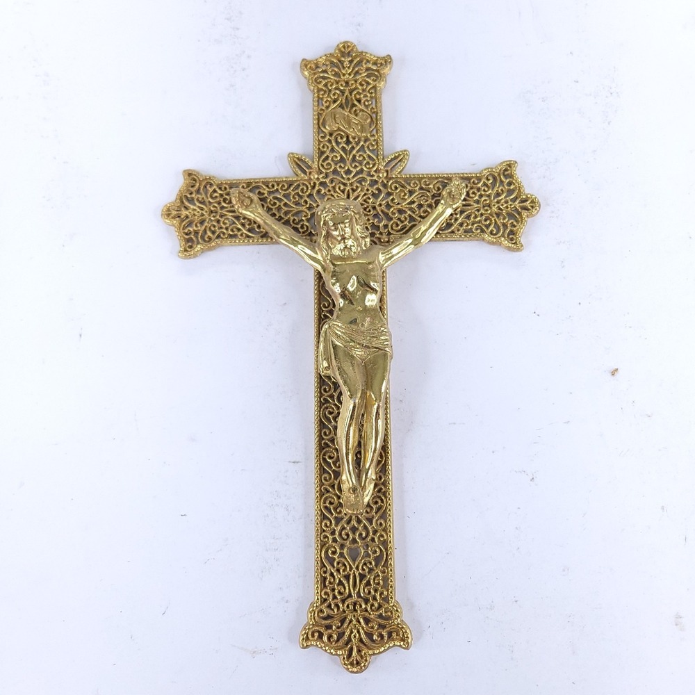 Vintage Filigree Brass Ornate Gold Tone 9" x 5.5" Crucifix Wall Hanging Gallo NY